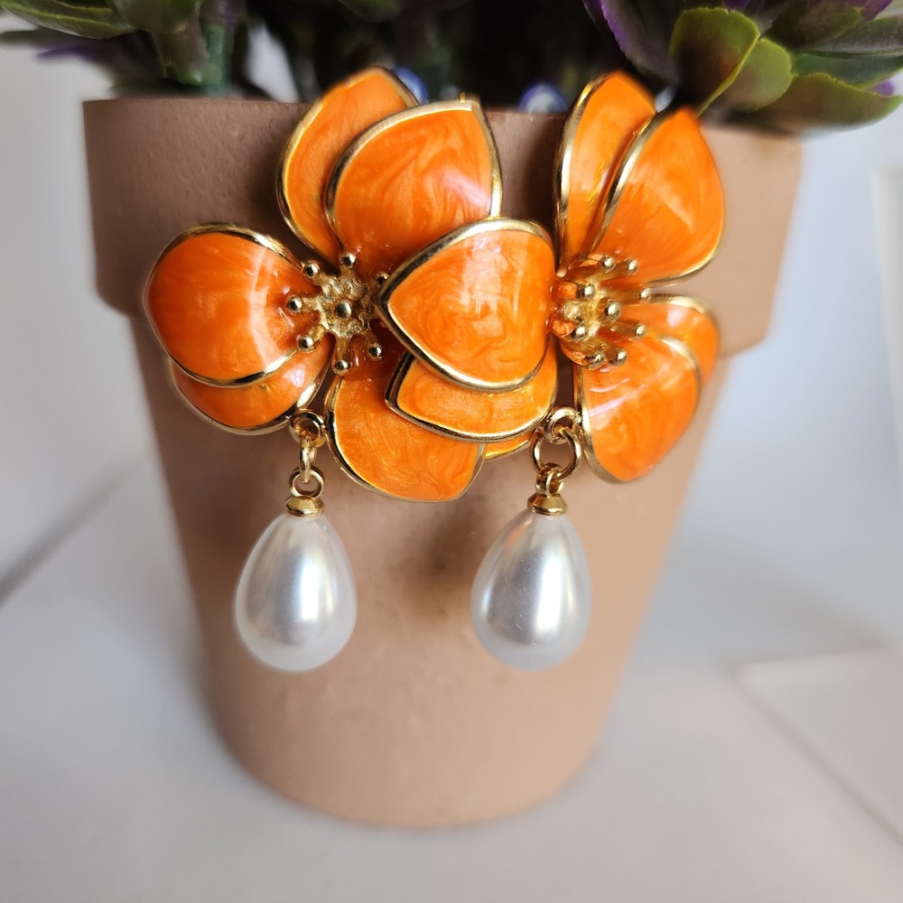 Orange Enamel Flower Drop Earrings Gold‎ Tone Faux Pearl Teardrop Floral